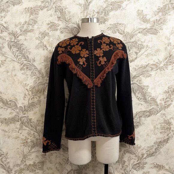 Vintage Rough Riders Leather Floral Zipper Black Whipstitch Sweater Small - Picture 1 of 7